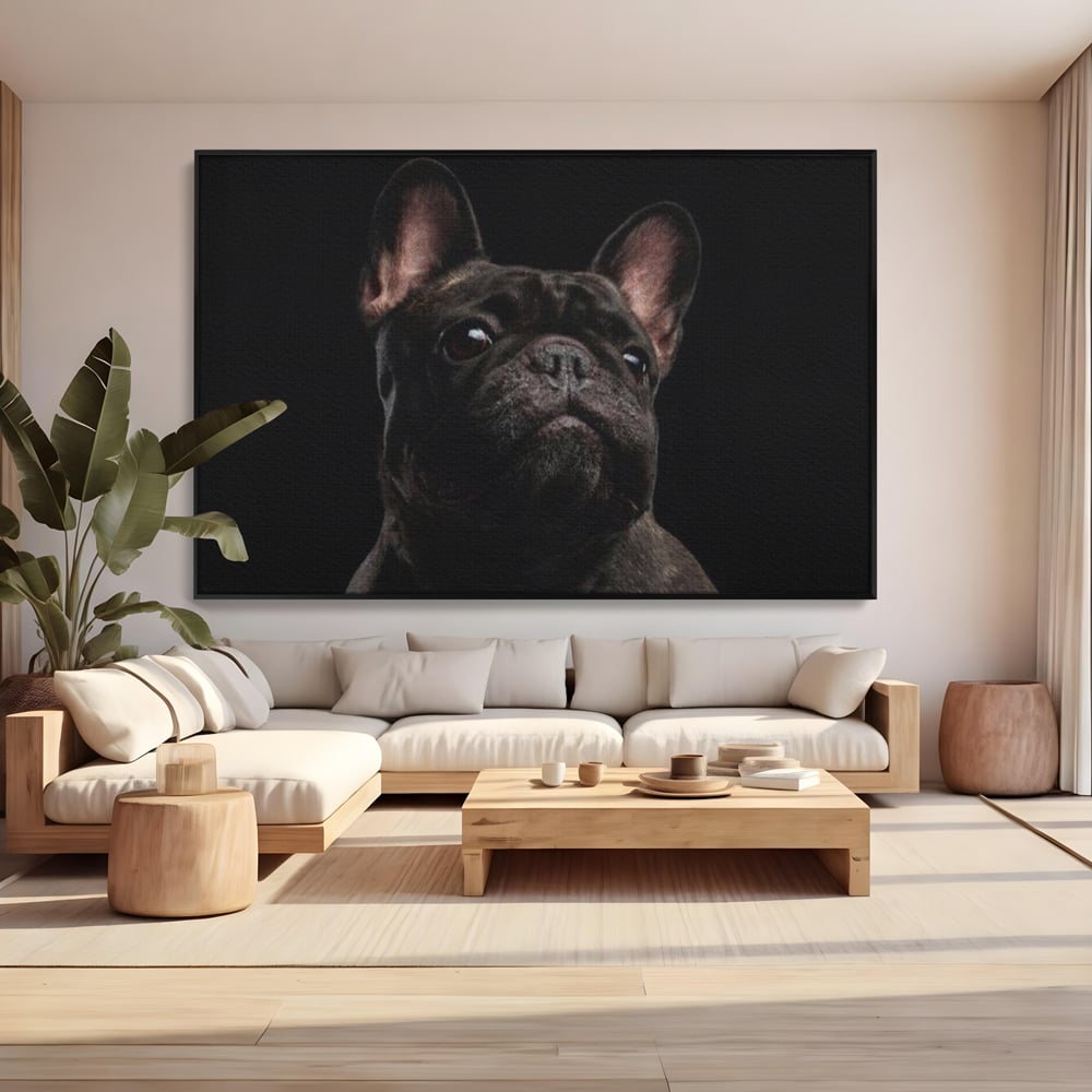 Tablou canvas cu tablou canvas cu bulldog in umbra, in rama de aluminiu negru, pe perete intr-un living